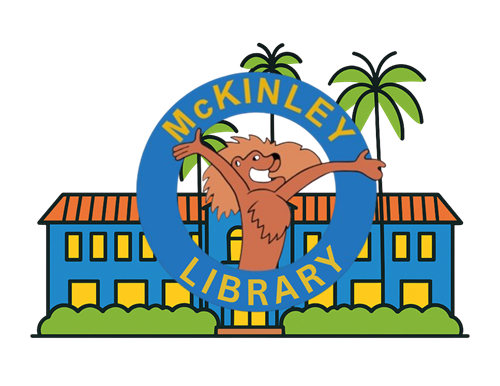 Blue circle - the top reads "McKinley" the bottom reads "Library" with a smiling lion in the middle.